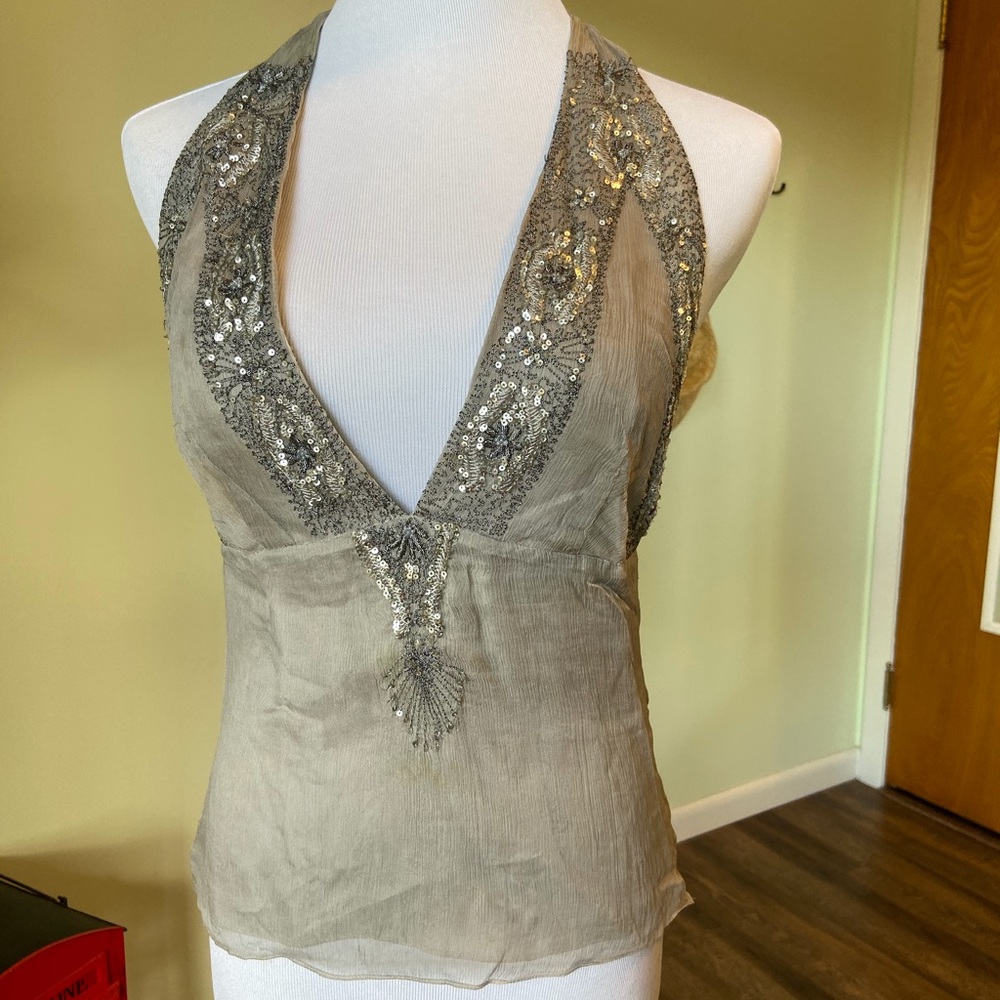 100% Silk Beaded Tie Back Top S Hard Tail